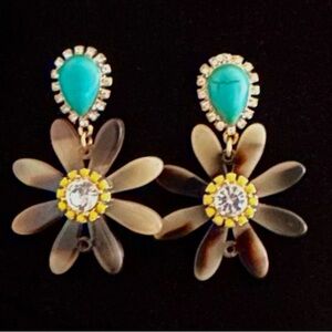Y2K Turquoise Tortoiseshell Daisy Drop Earrings Rhinestone Costume 2000s Vintage